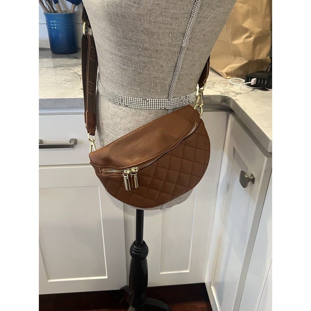 Eslcorri Cognac Crossbody Belt Bag Quilted Vegan Leather Adjustable Strap
